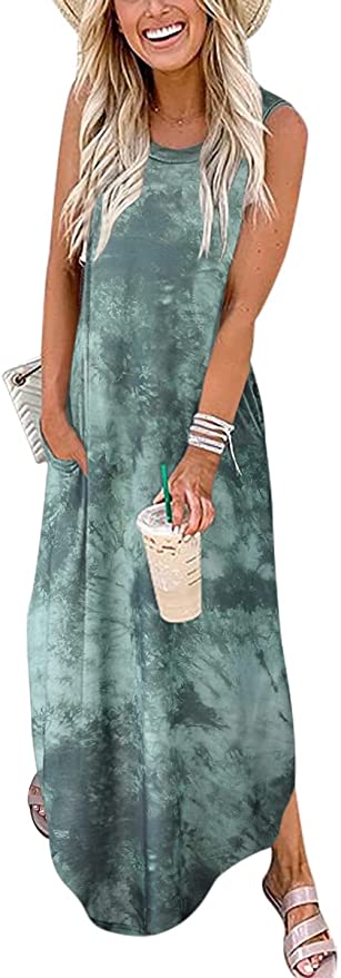 Tie Dye Tea Green Women's Casual Loose Long Sleeveless Sundress with Pockets - ANRABESS | Women's Casual Dresses
