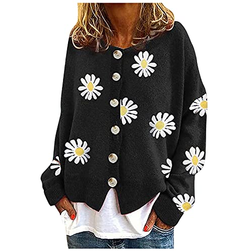 Knitted Sweater Cardigan for Women Button Up Cardigan Daisy Flower Print Sweater Long Sleeve Casual Lightweight Cardigan