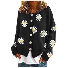 Knitted Sweater Cardigan for Women Button Up Cardigan Daisy Flower Print Sweater Long Sleeve Casual Lightweight Cardigan