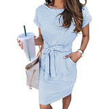 Stripes Light Blue Summer Dresses Round Neck Short Sleeve T Shirt Midi Casual Dress Tie Waist with Pockets - Jaksenr | Women's Casual Dresses