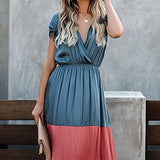 Summer Dresses for Women, Ladies Sexy Deep V-Neck Splicing Short Sleeve Drawstring Long Dresses Party UK Size | Women's Work Dresses