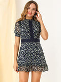 Women's Dots Fit and Flare Ruffle Hem Floral Lace Inset Mini Dress