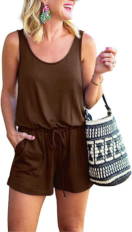 Brown Summer Scoop Neck Sleeveless Tank Top Short jumpsuit Rompers - ReoRia | Women's Romper & Jumper Suit