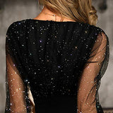 Sexy Sequins Dresses For Women, V Neck Long Sleeve Layered Retro Dress Lightweight Comfy Night Party Gowns | Women's Casual Dresses