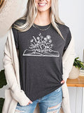 Book Lovers T-Shirt Teacher Shirts Womens Wildflower Open Book Graphic Tees Causal Soft Shirts Tops | Original Brand