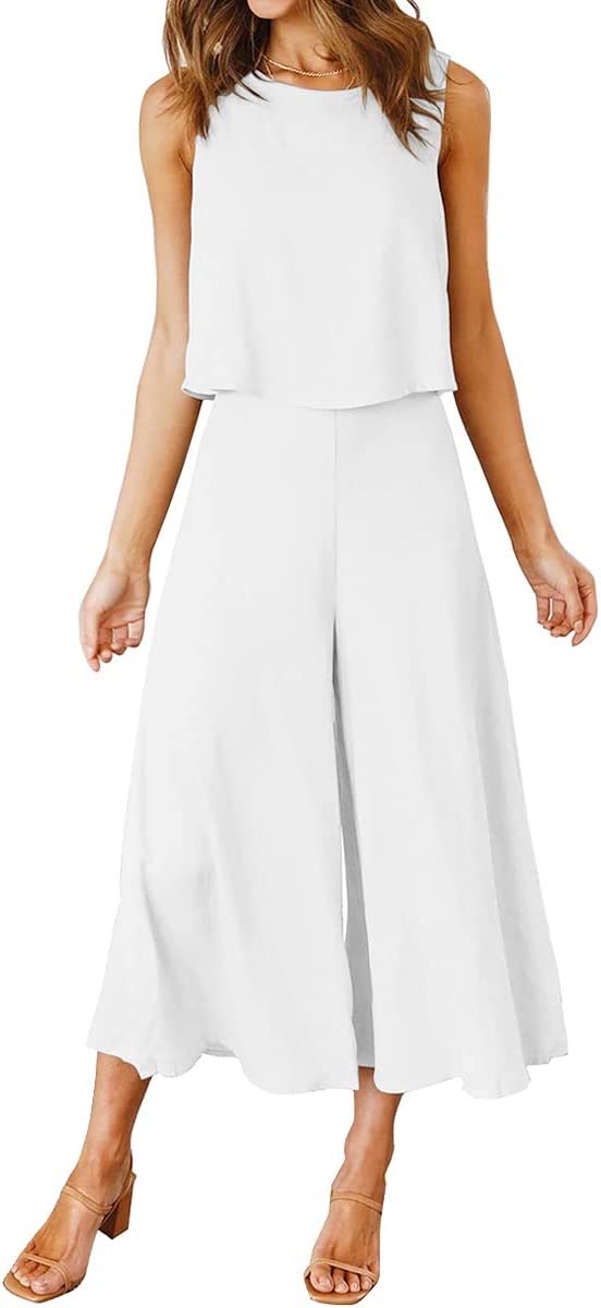 White Women's Summer 2 Piece Outfits Round Neck Crop Basic Top Cropped Wide Leg Pants Set Jumpsuits - ROYLAMP | Women's Romper & Jumper Suit