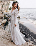 Women's Boho Lace Wedding Dress Long Sleeves V-neck A-line Beach Country Wedding Bridal Gown | Women's Casual Dresses
