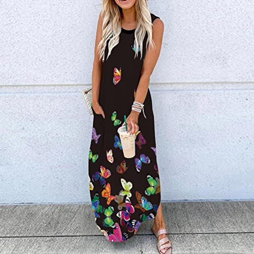 Summer Dress for Women, Women Side Split Maxi Dress Summer Solid Floral Fashion Casual Sleeveless Sundress | Original Brand