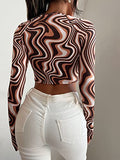 Women's Marble Print Cut Out Front Long Sleeve Crop Top Tee Shirt | Original Brand | Women's Tops and Blouses