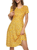 Yellow Floral 100 Spring/Summer Casual Women Short Sleeve Round Neck A Line Fit and Flare Midi Skater Dress - HUHOT | Women's Casual Dresses