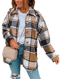 Yeokou Women's Fall Color Block Plaid Flannel Shacket Jacket Button Down Shirt Coat Tops