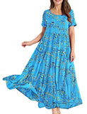 Sky Blue Dresses Casual Plus Size Bohemian Short Sleeve Floral Long Maxi Summer Beach Swing Dress/Pockets - YESNO | Women's Casual Dresses
