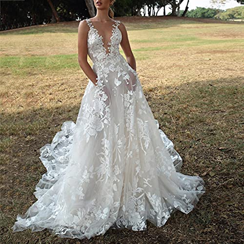 White Wedding Dresses Lace V neck Party Dress Off shoulder Long Maxi F Original Brand