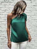 Women's Satin One Shoulder Tunic Tops Sleeveless Tie Knot Shirt Blouses | Original Brand | Women's Tops and Blouses