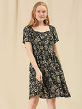 Women's Ruffle Floral Print Sweetheart Neckline Tie Chiffon Fit and Flare Short Sleeve Dress Puff Sleeve