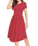 Red Summer Polka Dot Casual Midi Tunic Short/Long Sleeve Plain Dress Pleated Loose Flowy Floral Ladies Dress with Pocket - YUNDAI | Women's Casual Dresses