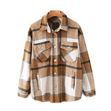 Womens Casual Flannel Wool Blend Plaid Lapel Button Down Long Sleeve Shacket Jacket Coat Winter Loose Oversize Shirts