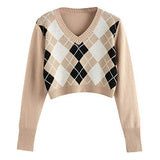 ZAFUL Women's Long Sleeve V-Neck Argyle Knitted Crop Sweater Pullover Tops | Women's Sweaters