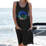 Ladies Casual Chrysanthemum Print Sleeveless Dress Round Neck Pocket Dress Bodycon Dress Office Wear for Casual Club Cocktail Evening Gowns Work UK Size 8-26 | Women's Work Dresses