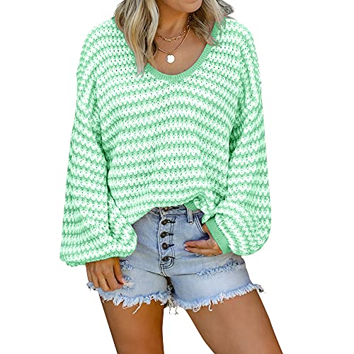 Womens Striped Color Block Scoop Neck Lantern Sleeve Sweater Loose Casual Knitted Pullover Sweater Tunic Tops