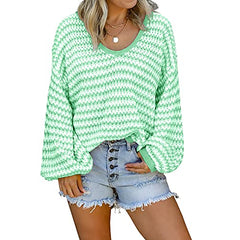 Womens Striped Color Block Scoop Neck Lantern Sleeve Sweater Loose Casual Knitted Pullover Sweater Tunic Tops