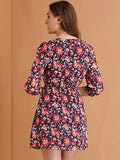 Women's Ruffled Tie Neck 3/4 Puff Sleeve Flowy Mini Floral Dress | Original Brand