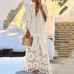 Dress For Women V Neck Long Sleeve Tassel Plus Size Long Lace Dress Vacation Beach Ethnic Style Maxi Dresses