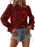 Women's Leopard Print Long Sleeve Frill Trim Mock Neck Blouse Tops | Original Brand | Women's Tops and Blouses