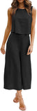 Light Cyan Women's Summer 2 Piece Outfits Round Neck Crop Basic Top Cropped Wide Leg Pants Set Jumpsuits - ROYLAMP | Women's Romper & Jumper Suit
