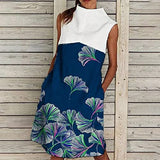 Summer Dress for Women Casual Turtleneck Sleeveless Patchwork Pocket Print Dress Loose Fit Daily Knee Length Dresses | Original Brand