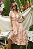 Womens Summer Floral Print V Neck Drawstring Tiered Ruffle Elegant A-Line Dress