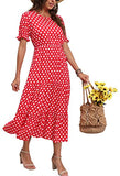 Polka Dot Red Summer Midi Dress Floral Print Boho Dress Ruffle Puff Sleeve High Waist A-Line Casual Boho Cocktail Holiday Beach Long Dress - GRECERELLE | Women's Casual Dresses