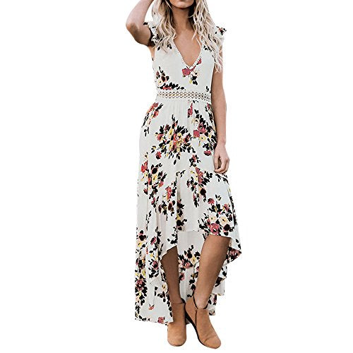 Sexy Backless Asymmetrical Lace Maxi Dress Women Summer Floral Flowy Deep V Neck Dresses