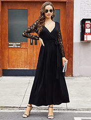 Womens Wrap V Neck Floral Lace Sleeve Party Long Maxi Dress With Belt