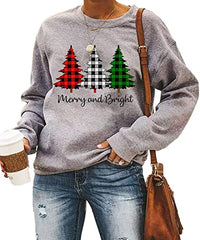 Merry and Bright Shirt Women Funny Leopard Printed Plaid Christmas Trees Long Sleeve Sweatshirts Xmas Graphic Tees