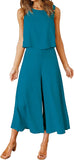 Lake Blue Sleeveless Women's Summer 2 Piece Outfits Round Neck Crop Basic Top Cropped Wide Leg Pants Set Jumpsuits - ROYLAMP | Women's Romper & Jumper Suit