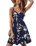 Navy White V Neck Floral Spaghetti Strap Summer Dress Casual Swing Midi Sundress with Pocket - STYLEWORD | Women's Casual Dresses
