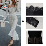 Women Sexy Lace Derss Long Sleeve V Neck Lace Fishtail Skirt Bodycon Club Evening Midi Dress | Women's Casual Dresses