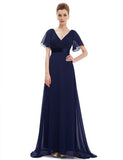 Navy Blue Ladies Double V-Neck Short Flutter Sleeves Empire Waist Elegant Chiffon Long Evening Dresses - Ever-Pretty