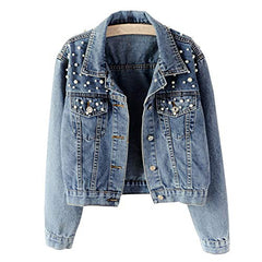 Ainangua Women's Casual Embroidered Pearls Beading Denim Jacket Loose Washed Jean Coat