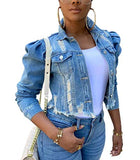 Women Denim Distressed Jacket Puff Sleeve Ripped Pockets Vintage Washed Classic Button Up Cropped Destroyed Jean Coat