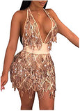 Women's Glitter Sexy Deep V Neck Sequin Beaded Halter Bodycon Mini Nightclub Party Dress