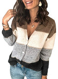 Women's Open Front Long Sleeves Sweaters V Neck Buttoned Closure Color Block Cardigan | Women's Cardigan