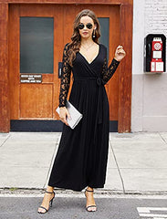 Womens Wrap V Neck Floral Lace Sleeve Party Long Maxi Dress With Belt