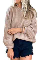 Women's Crew Neck Loose Drop Shoulder Lantern Sleeve Casual Solid Color Knit Pullover Sweater