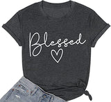 Blessed T-Shirt for Women Cute Simple Sayings Heart Graphic Letter Print Shirts Casual Short Sleeve Thankful Tee Tops | Original Brand