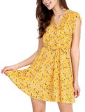 Women's Crossover V Neck Petal Sleeves Belted Floral Flowy Dress | Original Brand