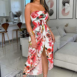 Womens Summer Wrap Dresses Fold Split Strapless Solid Floral Beach Dress Sundress Casual Long Party Dresses | Original Brand