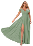 Dusty Sage Women's Off Shoulder Bridesmaid Dresses Long Chiffon Formal Dress with Slit - Clothfun | Women's Cocktail Dresses