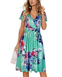 Green Blue Floral Summer Short Sleeve V-Neck Floral Casual Ladies Dress with Pockets - OUGES | Women's Casual Dresses